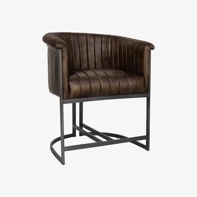 Furniture123 Real Leather & Iron Classic Tub Dining Chair - Brown