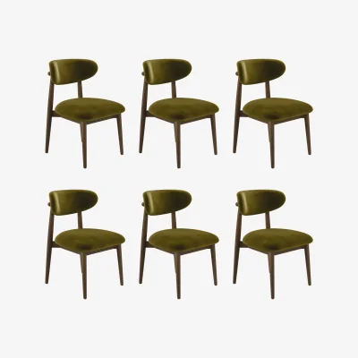 Furniture123 Set of 6 Walnut and Olive Green Upholstered Curved Dining Chairs with Open Back - Kori