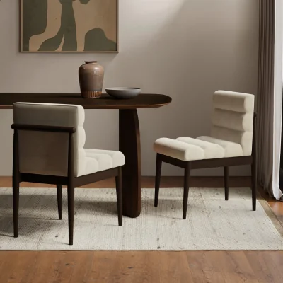 Furniture123 Set of 2 Walnut and Beige Ribbed Upholstered Dining Chairs - Freja