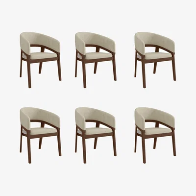 Furniture123 Set of 6 Walnut & Beige Upholstered Curved Dining Chairs - Owen