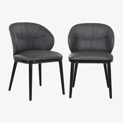 Furniture123 Set of 2 Charcoal Real Leather Dining Chairs with Black Legs - Eren