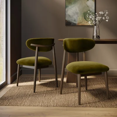 Furniture123 Walnut and Olive Green Upholstered Curved Dining Chair with Open Back - Kori