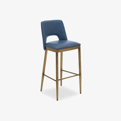 La Redoute Blue Leather Effect Bar Chair with Brushed Antique Brass Legs
