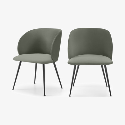 Made.com Adeline Set of 2 Carver Dining Chairs, Sage Green Velvet & Black