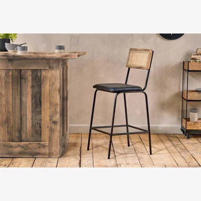 Nkuku Nkuku Iswa Leather & Cane Counter Dining Chair | Dining Chairs Stools & Benches | Aged Black