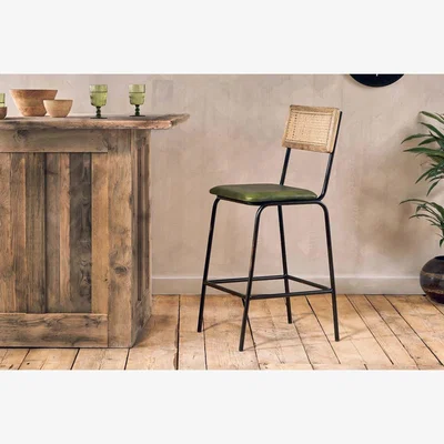 Nkuku Nkuku Iswa Leather & Cane Counter Dining Chair | Dining Chairs Stools & Benches | Rich Green
