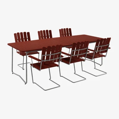 Nordic Nest Grythyttan Stålmöbler B31 table 230 cm + 6 A2 armchairs dark red-hot-dip galvanized frame