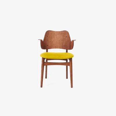 Nordic Nest Warm Nordic Gesture chair upholstered seat Fabric yellow oiled teak oak legs