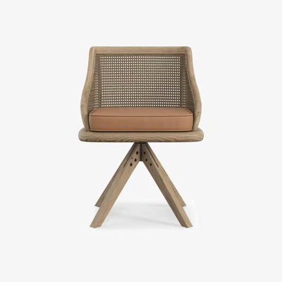 OKA OKA, Carlos Cane Swivel Chair - Weathered Oak/Caramel, Dining Chairs, Leather/Plywood, Plain