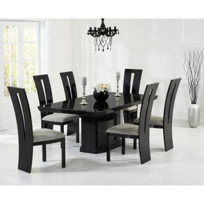 Oak&More Carvelle 200cm Black Pedestal Marble Dining Table with Verbier Chairs - Black, 6 Chairs