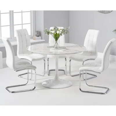 Oak&More Brighton 120cm Round White Marble Dining Table With Lorin Dining Chairs - White, 2 Chairs