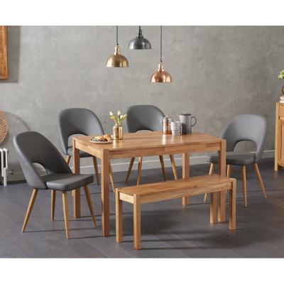 Oak&More Oxford 150cm Solid Oak Dining Table with Halifax Faux Leather Chairs and Oxford Bench - Grey, 2 Chairs