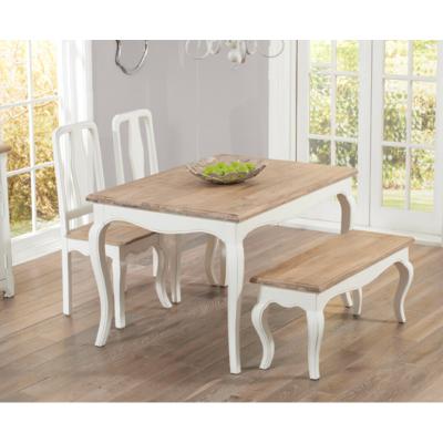 Oak&More Parisian 130cm Shabby Chic Dining Table with Chairs and Benches - White, 2 Chairs