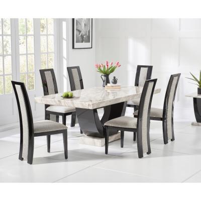 Oak&More Raphael 170cm Cream and Black Pedestal Marble Dining Table with Raphael Chairs