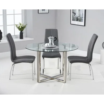 Oak&More Vaso 120cm Round Glass Dining Table with Cavello Chairs - Ivory, 4 Chairs