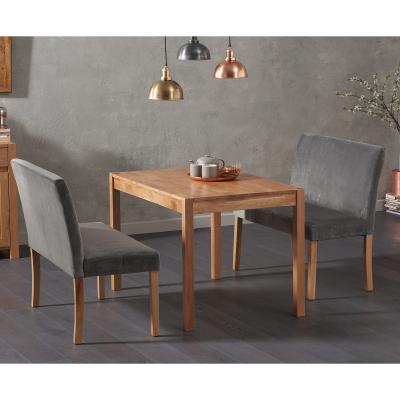 Oak&More Oxford 120cm Solid Oak Dining Table with Mia Grey Velvet Benches with Backs