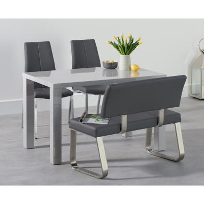 Oak&More Atlanta 120cm Light Grey High Gloss Dining Table with Cavello Chairs and Malaga Grey Bench
