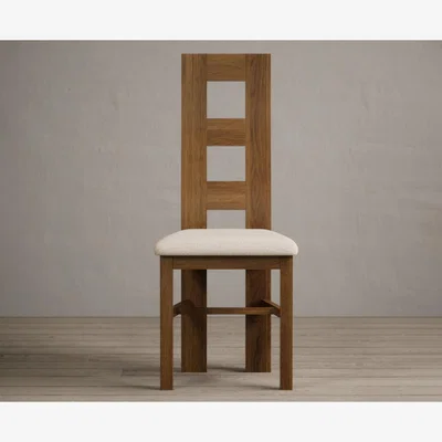 Oak&More Rustic Solid Oak Flow Back Dining Chairs with Linen Fabric Seat Pad