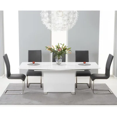 Oak&More Modena 150cm White High Gloss Extending Dining Table with Malaga Chairs - Black, 4 Chairs