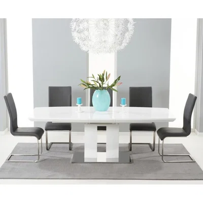 Oak&More Richmond 180cm White High Gloss Extending Dining Table with 4 Malaga Chairs