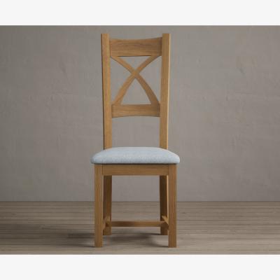 Oak&More Natural Solid Oak X Back Dining Chairs with Sky Blue Fabric Seat Pad