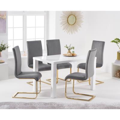 Oak&More Atlanta 120cm White High Gloss Table with Malaga Velvet Chairs - Grey, 4 Chairs