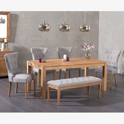 Oak&More Ex-display Verona 150cm Solid Oak Dining Table with 2 CREAM Camille Fabric Chairs and 1 Camille CREAM Fabric Bench