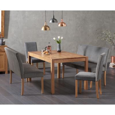 Oak&More Oxford 150cm Solid Oak Dining Table with Mia Grey Velvet Benches with Backs and Mia Grey Velvet Chairs - Grey, 2 Chairs