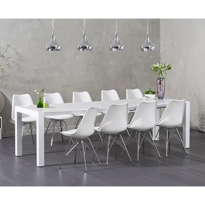 Oak&More Joseph White High Gloss Extending Table with Celine Chrome Leg Chairs