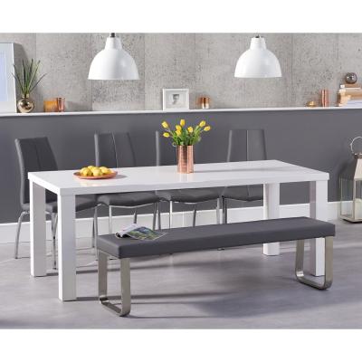 Oak&More Atlanta 200cm White High Gloss Dining Table with Cavello Chairs and Atlanta Large Grey Bench