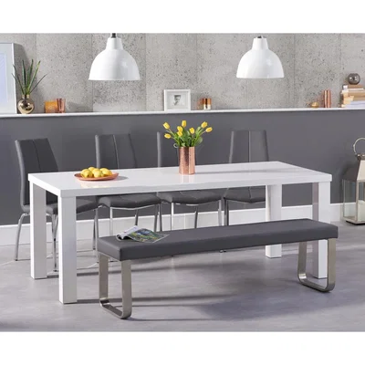 Oak&More Atlanta 200cm White High Gloss Dining Table with Cavello Chairs and Atlanta Large Grey Bench