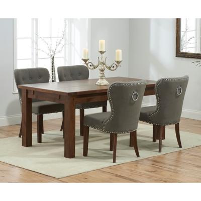 Oak&More Normandy 150cm Dark Solid Oak Extending Dining Table with Knightsbridge Fabric Dark Oak Leg Chairs - Grey, 4 Chairs