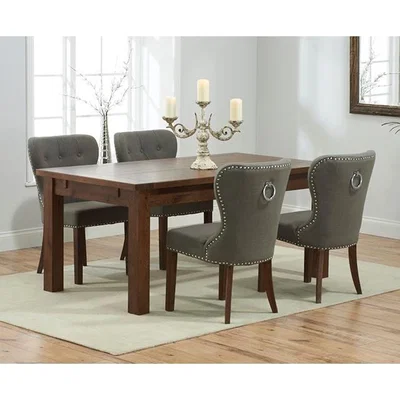 Oak&More Normandy 150cm Dark Solid Oak Extending Dining Table with Knightsbridge Fabric Dark Oak Leg Chairs - Grey, 4 Chairs