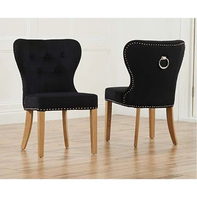Oak&More Knightsbridge Studded Black Fabric Oak Leg Dining Chairs - Black