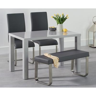 Oak&More Atlanta 120cm Light Grey High Gloss Dining Table with Malaga Chairs and Atlanta Grey Bench - Grey, 2 Chairs