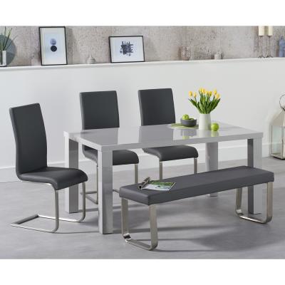 Oak&More Atlanta 160cm Light Grey High Gloss Dining Table with Malaga Chairs and Atlanta Grey Bench