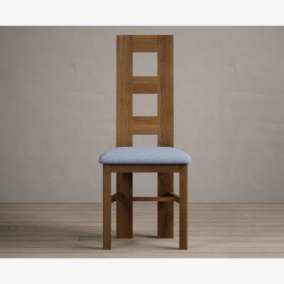 Oak&More Rustic Solid Oak Flow Back Dining Chairs with Sky Blue Fabric Seat Pad