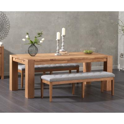 Oak&More Madrid 200cm Solid Oak Dining Table with Camille Grey Fabric Benches