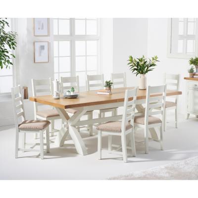Oak&More Eden Oak and White 180cm Butterfly Extending Table with Ladder Back Dining Chairs with Fabric Seats - Oak and White, 6 Chairs
