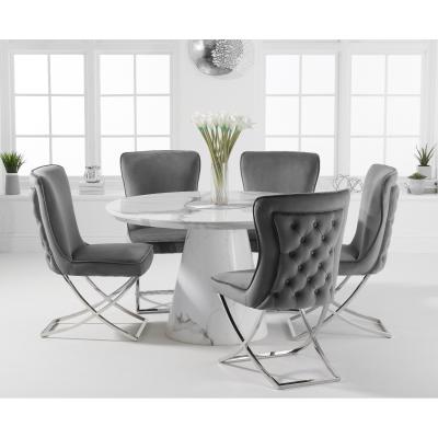Oak&More Ravello 130cm Round White Marble Dining Table with Giovanni Velvet Chairs - Blue, 4 Chairs