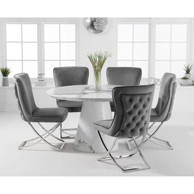 Oak&More Ravello 130cm Round White Marble Dining Table with Giovanni Velvet Chairs - Blue, 4 Chairs