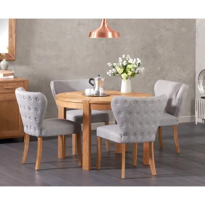 Oak&More Verona 110cm Solid Oak Round Table with Isobel Fabric Chairs - Grey, 4 Chairs