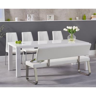 Oak&More Atlanta 200cm White High Gloss Dining Table with Cavello Chairs and Malaga Large White Bench
