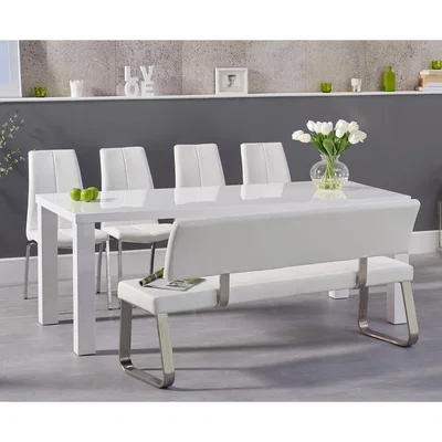 Oak&More Atlanta 200cm White High Gloss Dining Table with Cavello Chairs and Malaga Large White Bench