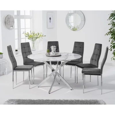 Oak&More Carter 120cm Round White Marble Table with Melissa Chairs - Grey, 4 Chairs