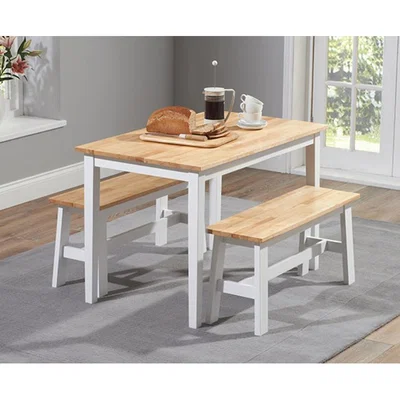 Oak&More Chiltern 114cm Oak and White Dining Table Set with Benches