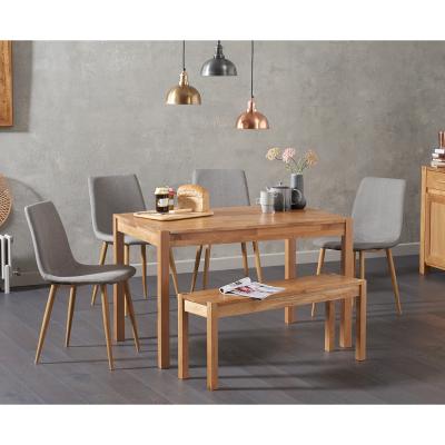 Oak&More Oxford 120cm Solid Oak Dining Table with Helsinki Fabric Chairs with Oxford Bench - Grey, 2 Chairs