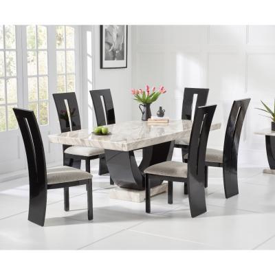 Oak&More Raphael 170cm Cream and Black Pedestal Marble Dining Table with Verbier Chairs - Black, 4 Chairs