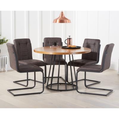 Oak&More Hoxton 110cm Round Industrial Dining Table with Alexa Dining Chairs - Brown, 4 Chairs