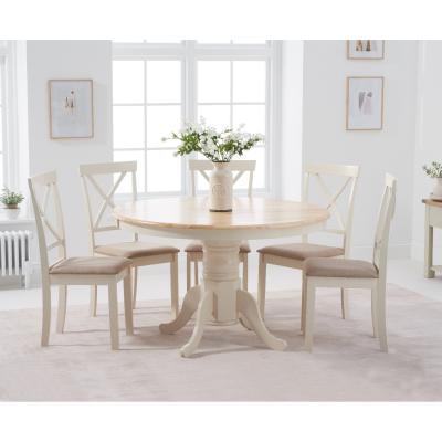 Oak&More Epsom 120cm Cream Round Pedestal Table with Epsom Chairs with Cream Fabric Seats - Cream, 4 Chairs